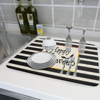 Happy Halloween Bats Dish Drying Mat for Kitchen Counter,Black and White Stripe Drying Mat 18 x 24 Inch with High Absorbent Microfiber Dish Drying Pad Dish Rack Pad Drainer Mat for Coffee Bar