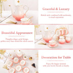 DUJUST 22 pcs Porcelain Tea Set for 6, Luxury British Style Tea/Coffee Cup Set with Golden Trim, Beautiful Tea Set for Women, Tea Party Set, Gift Package (With a Stand) - Gradient Pink