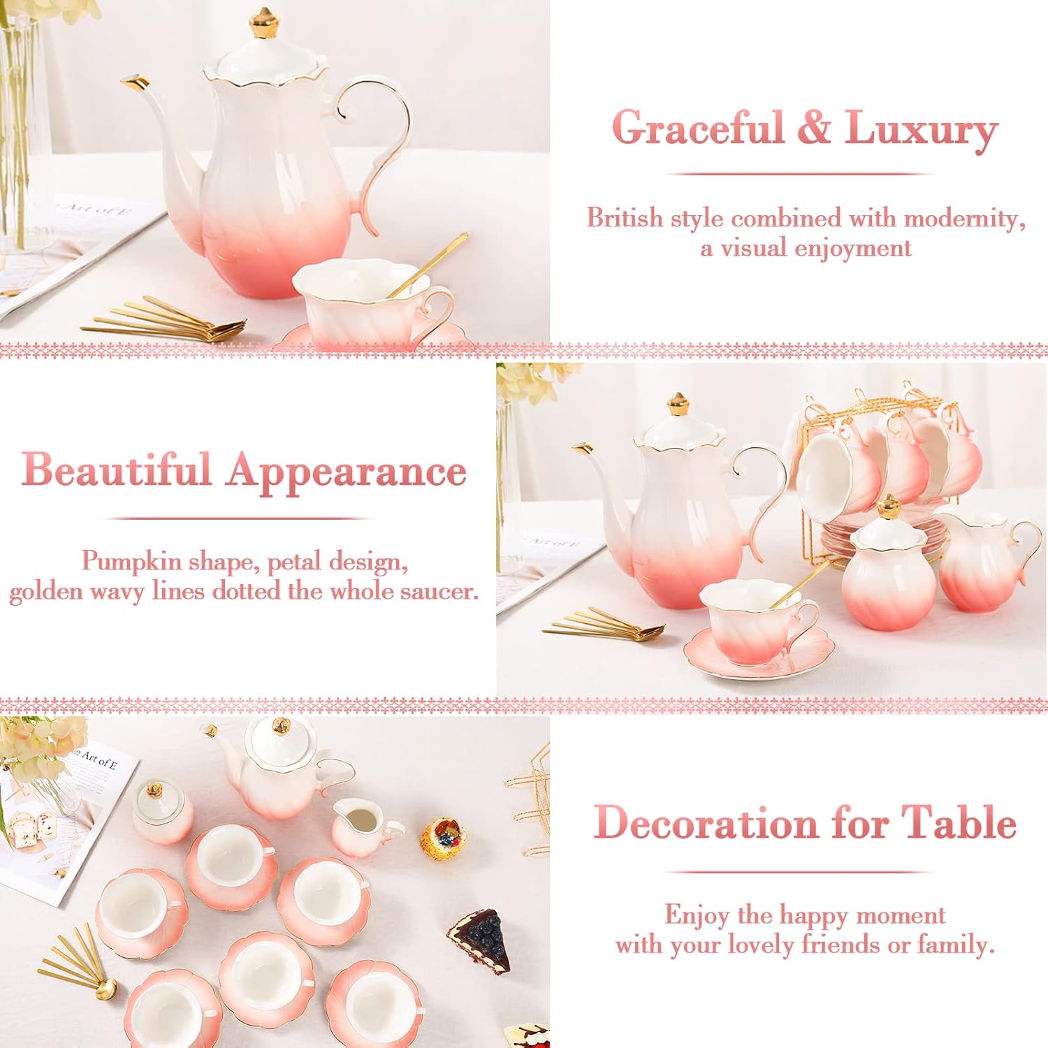 DUJUST 22 pcs Porcelain Tea Set for 6, Luxury British Style Tea/Coffee Cup Set with Golden Trim, Beautiful Tea Set for Women, Tea Party Set, Gift Package (With a Stand) - Gradient Pink