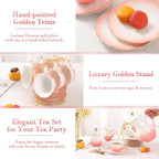 DUJUST 22 pcs Porcelain Tea Set for 6, Luxury British Style Tea/Coffee Cup Set with Golden Trim, Beautiful Tea Set for Women, Tea Party Set, Gift Package (With a Stand) - Gradient Pink