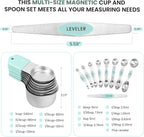 Magnetic Measuring Cups and Spoons Set-Heavy Duty 304 Stainless Steel，Double Measurement Markings，Set of 16 with Leveler for Measure Dry and Liquid Ingredients (Mint)