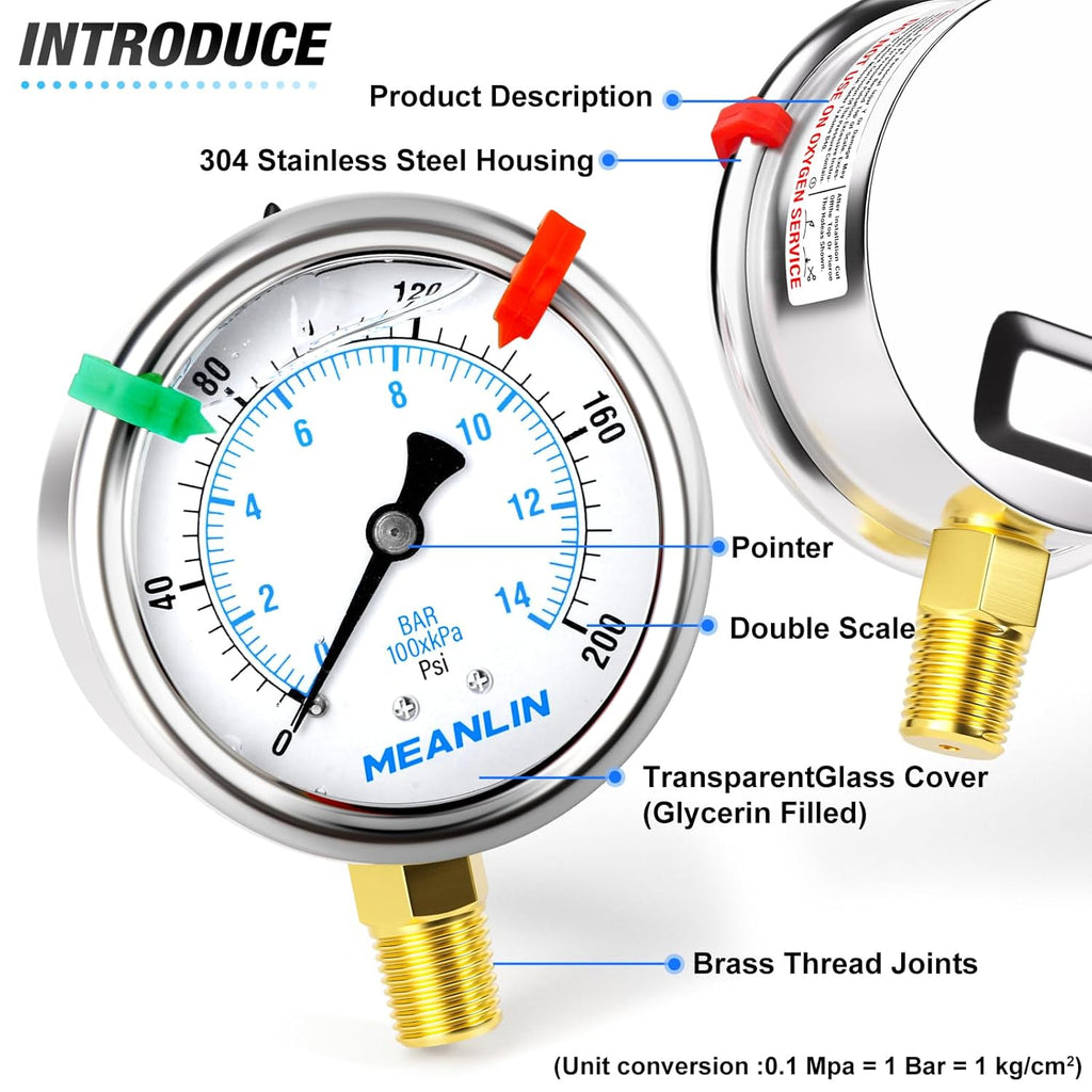 MEANLIN MEASURE 0~200Psi Liquid Filled Pressure Gauge 1/4" NPT 2.5" FACE DIAL Stainless Steel Glycerin Filled WOG Water Oil Air Lower Mount (with 2PCS Snaps)