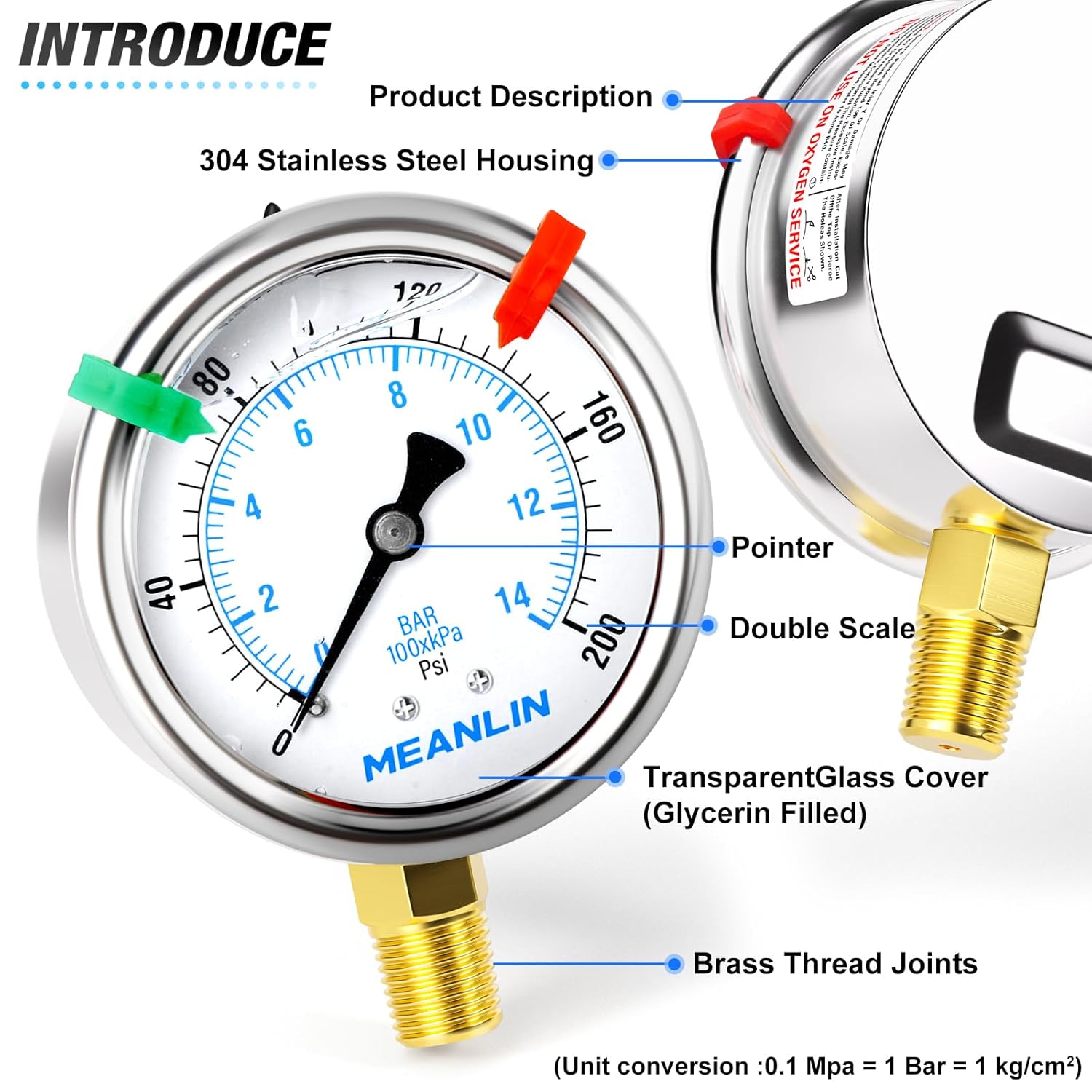 MEANLIN MEASURE 0~200Psi Liquid Filled Pressure Gauge 1/4" NPT 2.5" FACE DIAL Stainless Steel Glycerin Filled WOG Water Oil Air Lower Mount (with 2PCS Snaps)