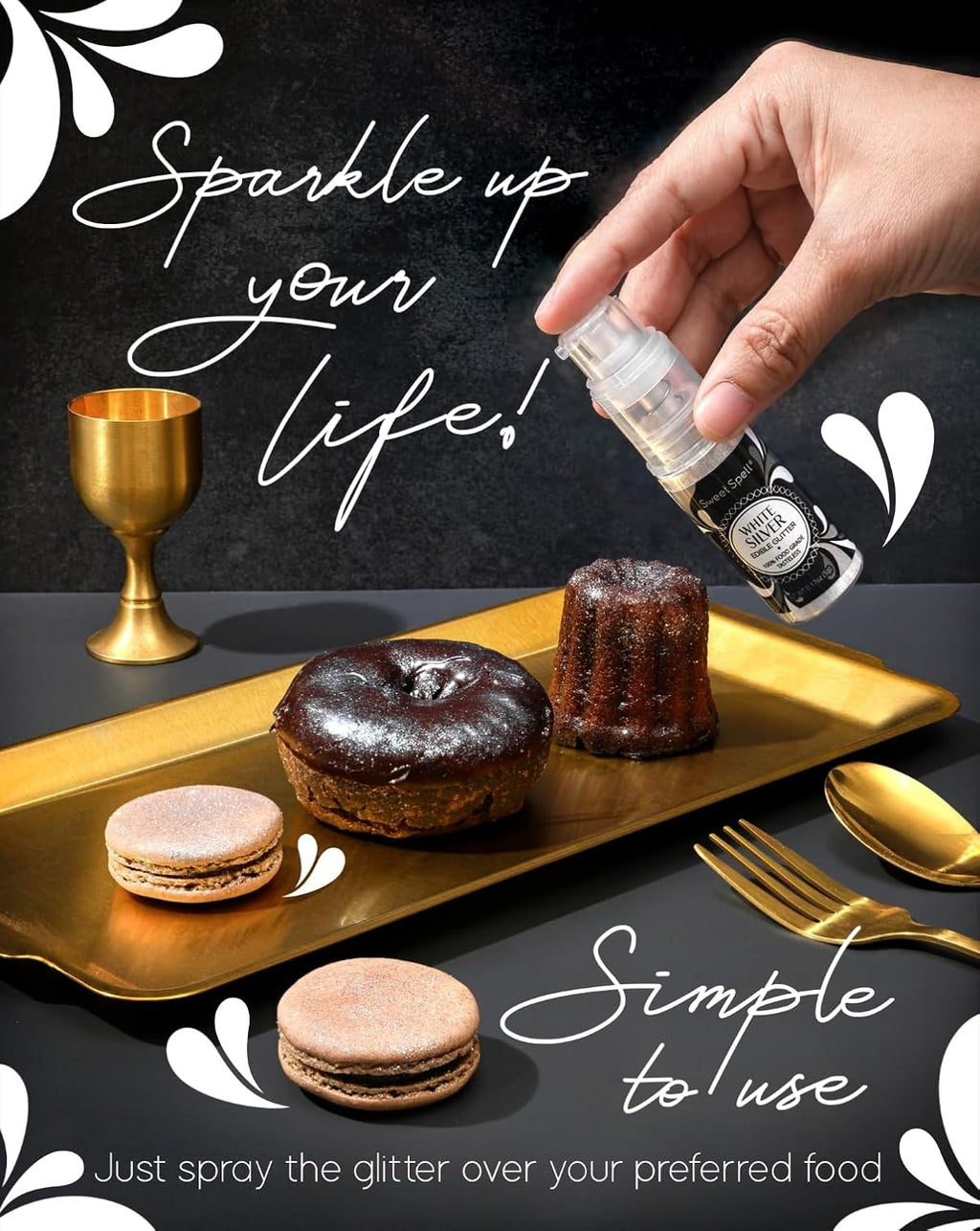 Sweet Spell Edible Cake Glitter Spray – Shimmering Magic for Cakes Decorating & Cocktails – 100% Edible, Food-Grade, Vegan, Gluten-Free (White Silver)