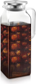 68 Oz Square Glass Pitcher with Lid and Spout, 2 Quart Lightweight Water Pitchers for Hot/Cold Drink, Heat Resistant, Borosilicate Jugs, Glass Carafe with Handle,Ideal for Fridge Storage(1Pack)