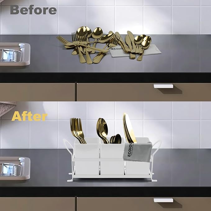 Cutlery Holder with Drain Holes, Silverware Caddy for Party, kitchen counter, 3pcs Bins Set Countertop Utensil Holder for Spoons, Forks and Knives, White