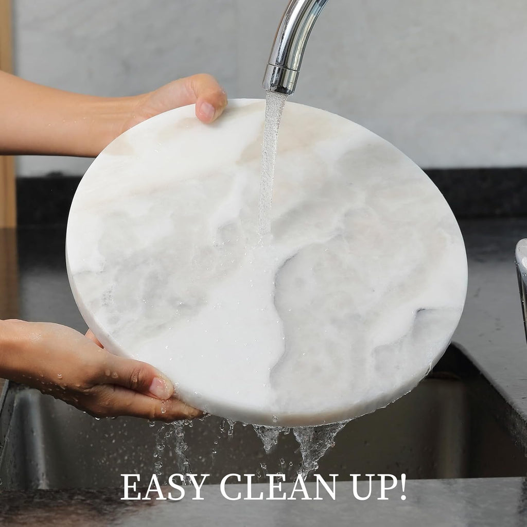 Koville African Natural Marble Cutting Board for Kitchen, 11inch Round Hand Crafted Marble Slab for Cheese, Charcuterie, Pastry Board - Wedding Gift, House Warming Gift(OYSTER WHITE)