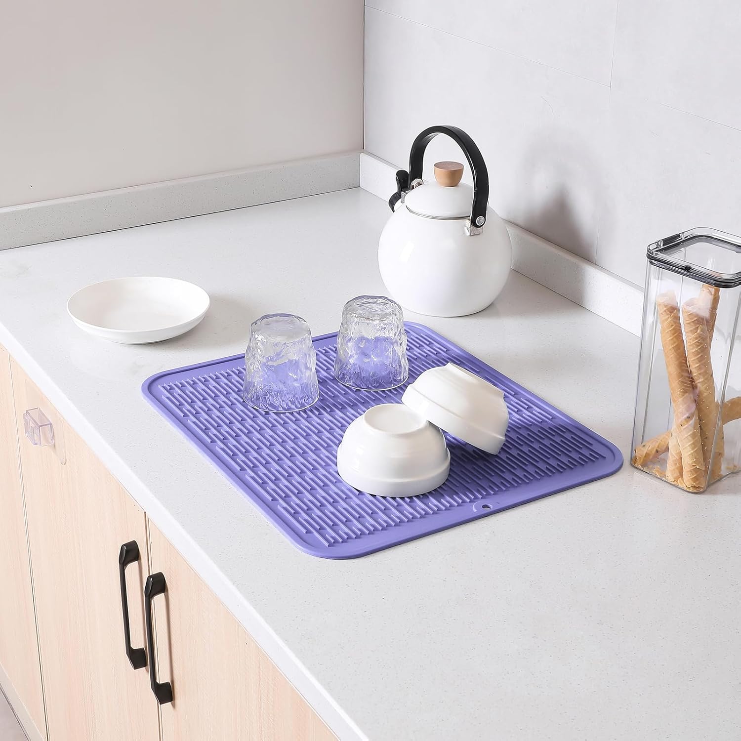 Silicone Dish Drying Mat for Multiple Usage,Easy clean,Eco-friendly,Heat-resistant Silicone Mat for Kitchen Counter or Sink,Refrigerator or Drawer Liner Light Purple XL 18 inches x 16 inches