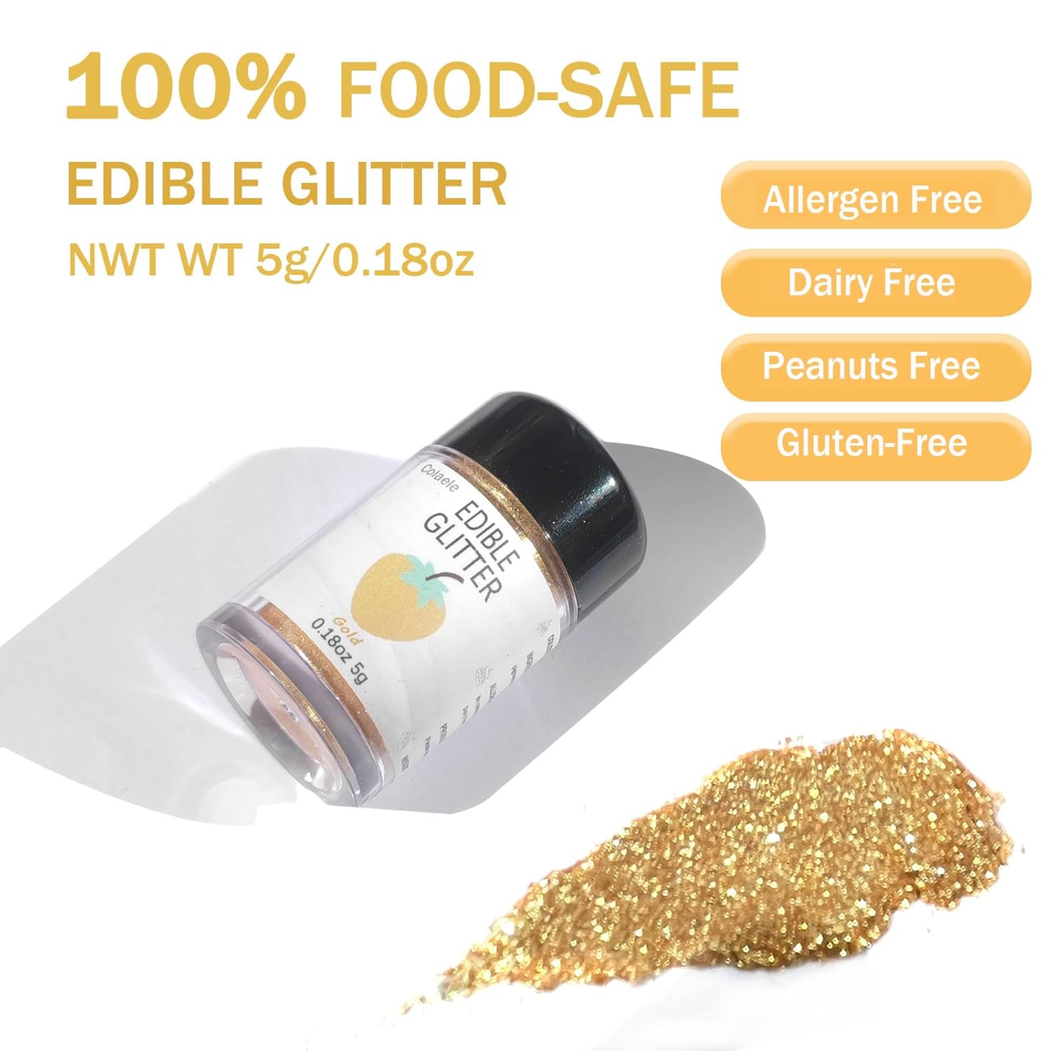 Gold Edible Glitter Glimmer Powder for Cakes Drinks - Colaele 5 grams Food Grade Luster Dust Metallic Food Decorating Sprinkle Disco Brew Dust for Cake Decorations Wine Beverage Candy Dessert, Vegan