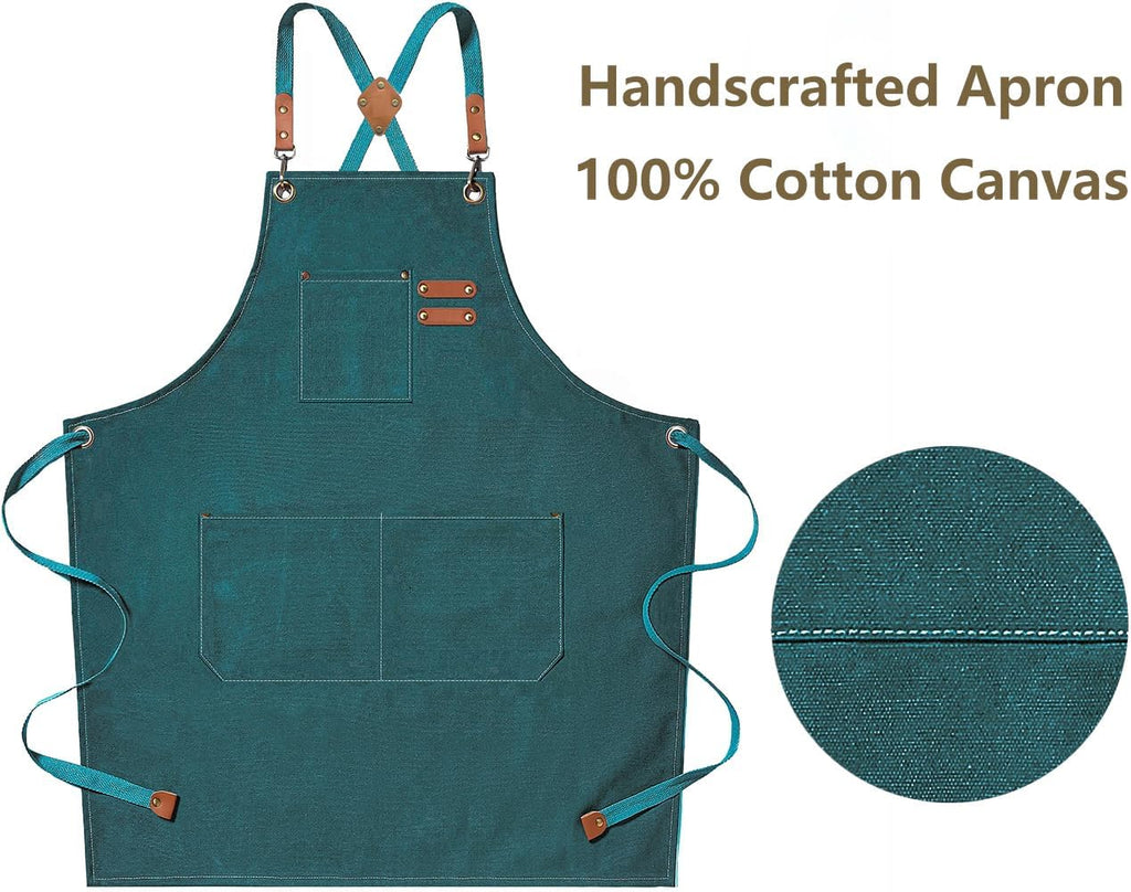 AFUN Chef Aprons for Men Women with Large Pockets, Cotton Canvas Cross Back Heavy Duty Adjustable Work Apron, Size M to XXL (Darkgreen)