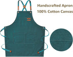 AFUN Chef Aprons for Men Women with Large Pockets, Cotton Canvas Cross Back Heavy Duty Adjustable Work Apron, Size M to XXL (Darkgreen)