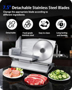 Meat Slicer Machine for Home, 200W Electric Deli Food Slicer with 2 Removable 7.5" Stainless Steel Blades & Tray, Adjustable Thickness, Child Lock Protection, Easy to Clean for Meat, Bread, Cheese