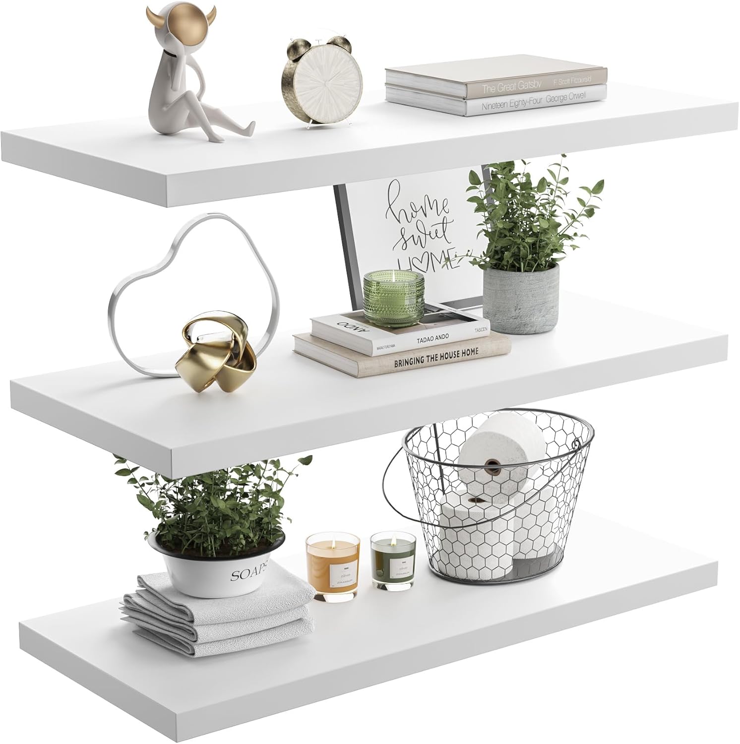 Wall Shelf Set of 1, White Floating Shelves 36 in W x 10 in D x 1 in H, Wooden Floating Wall Shelf with Invisible Brackets for Living Room/Bedroom/Bathroom/Kitchen Storage and Decor