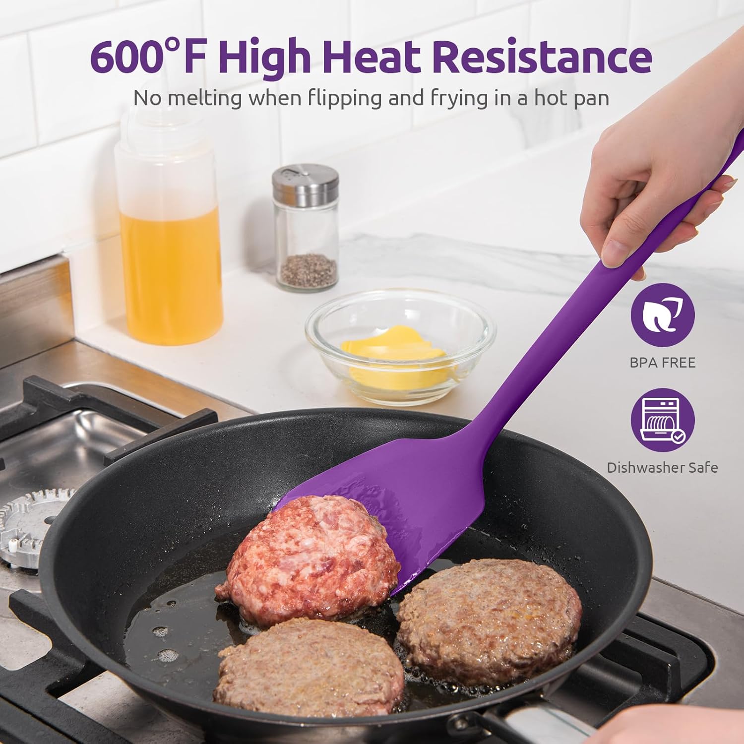 600ºF Heat Resistant Silicone Turner: U-Taste 13.6in Solid Kitchen Spatula Flipper, Food Grade Flexible & Thin Rubber Seamless Cooking Utensil for Flipping Egg, Pancake in Nonstick Cookware (Purple)