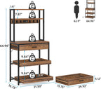 LITTLE TREE Kitchen Baker’s Rack with Power Outlets, Freestanding 5-Tier Microwave Stand with Drawers & Sliding Shelves, Coffee Bar with 6 Hooks for Dining Room Living Room, Rustic Brown