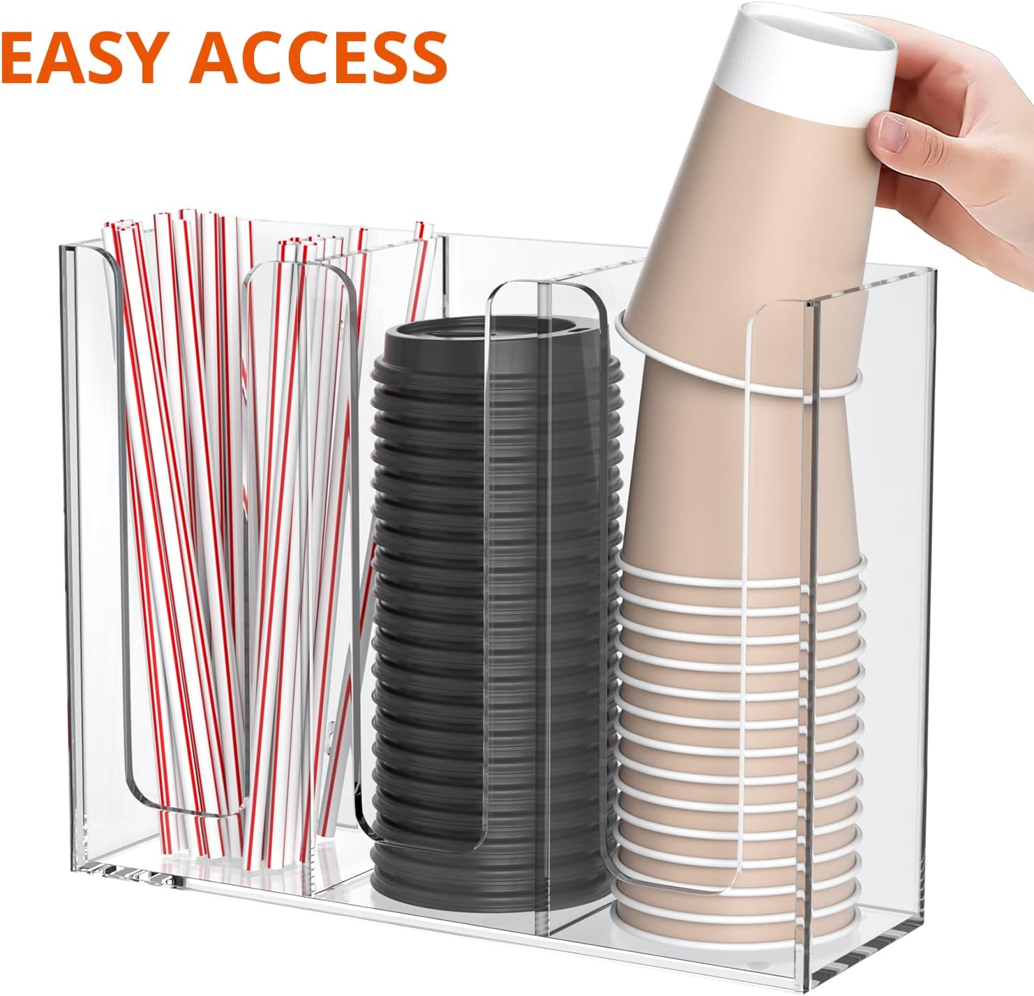 Richboom Acrylic Coffee Cup and Lid Storage Organizer Holder, 3 Compartments, Clear