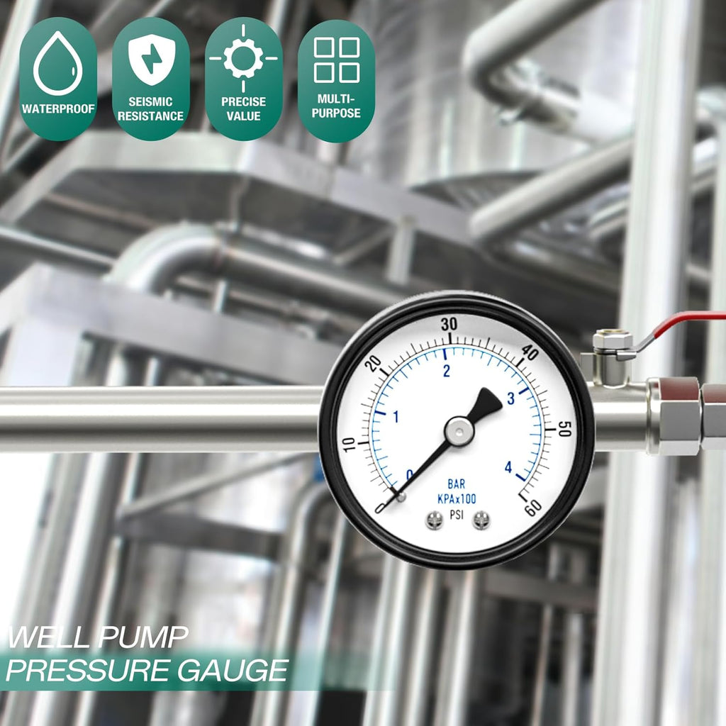 0-60psi Well Pump Pressure Gauge 1/4" NPT 2" Face Dial Size Back Mount, Multifunctional Practical Dry Pressure Gauge, for Water, Oil and Air Compressor