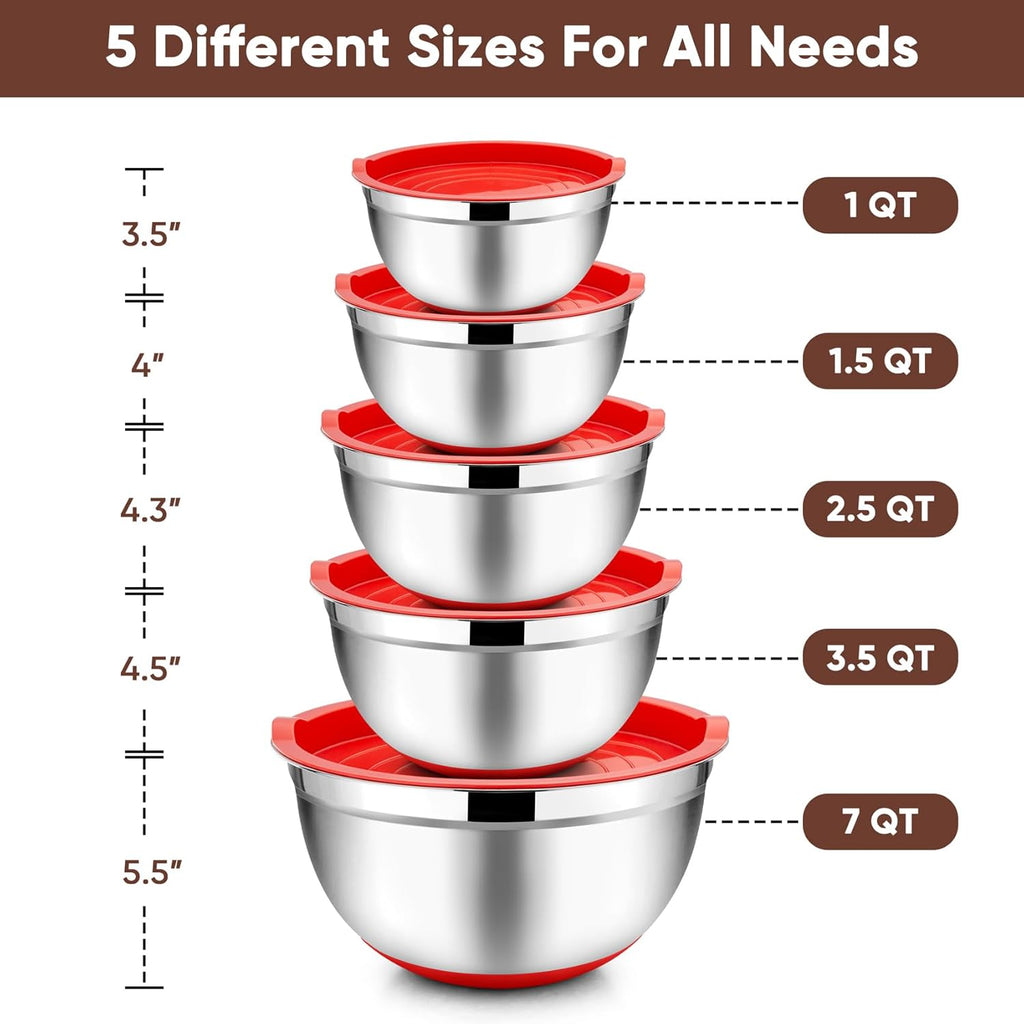 TeamFar Mixing Bowls with Lids Set, 7/3.5/2.5/1.5/1 QT, Stainless Steel Large Red Nesting Metal Salad Mixing Bowl Set of 5, Healthy & Easy Clean, Airtight Lid & Non-slip Bottom