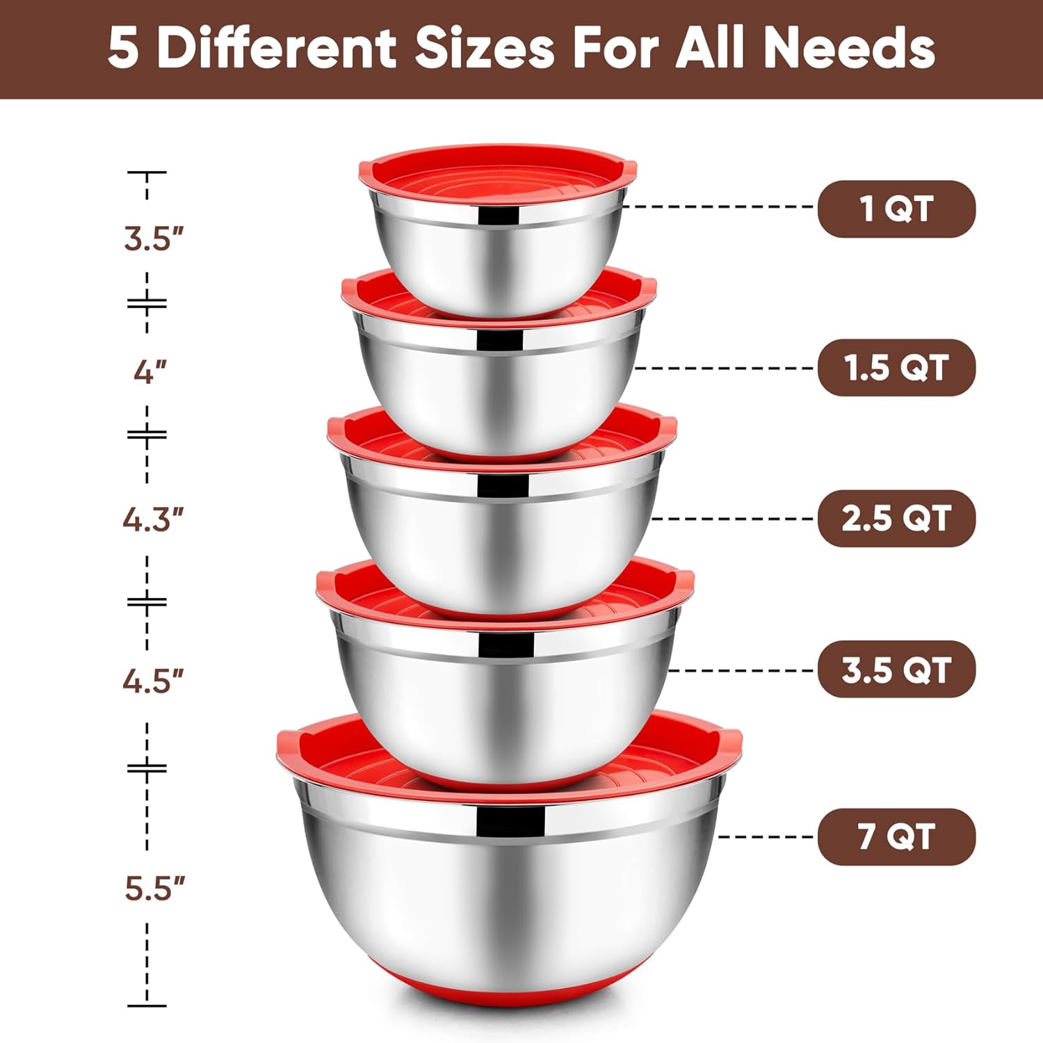 TeamFar Mixing Bowls with Lids Set, 7/3.5/2.5/1.5/1 QT, Stainless Steel Large Red Nesting Metal Salad Mixing Bowl Set of 5, Healthy & Easy Clean, Airtight Lid & Non-slip Bottom