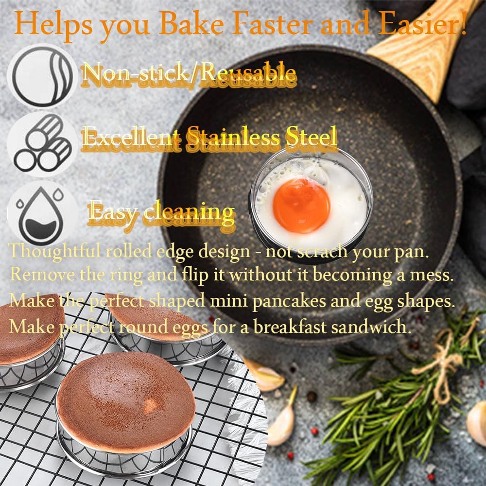 8-Pieces English Muffin Rings 4 Inch Crumpet Rings Stainless Steel Double Rolled Nonstick Metal Round Tart Ring Molds for Cookie Cooking Baking