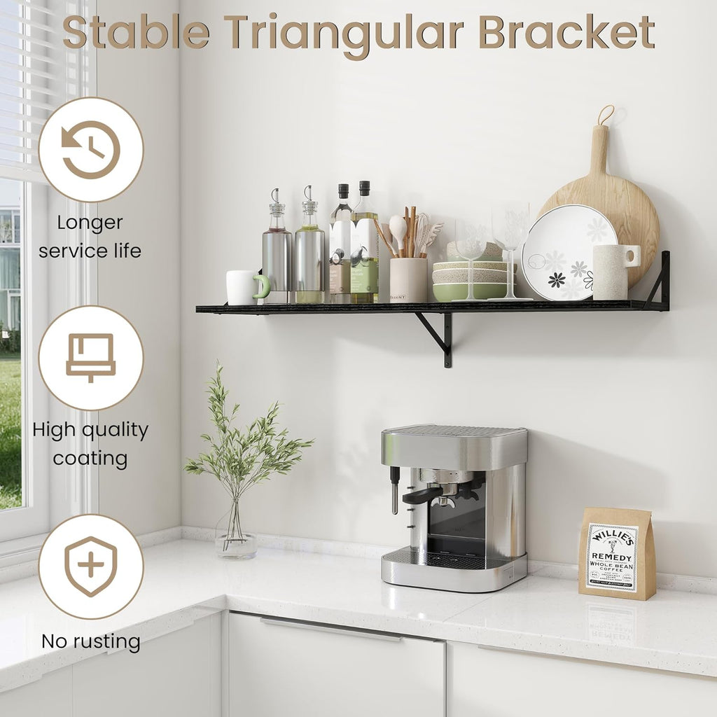 Dreamland Floating Shelves for Wall, 12 Inch Deep Floating Shelves Set of 2, 48W x 12D Large Wall Shelf with Sturdy Metal Brackets for Living Room, Bathroom, Bedroom and Kitchen, Black