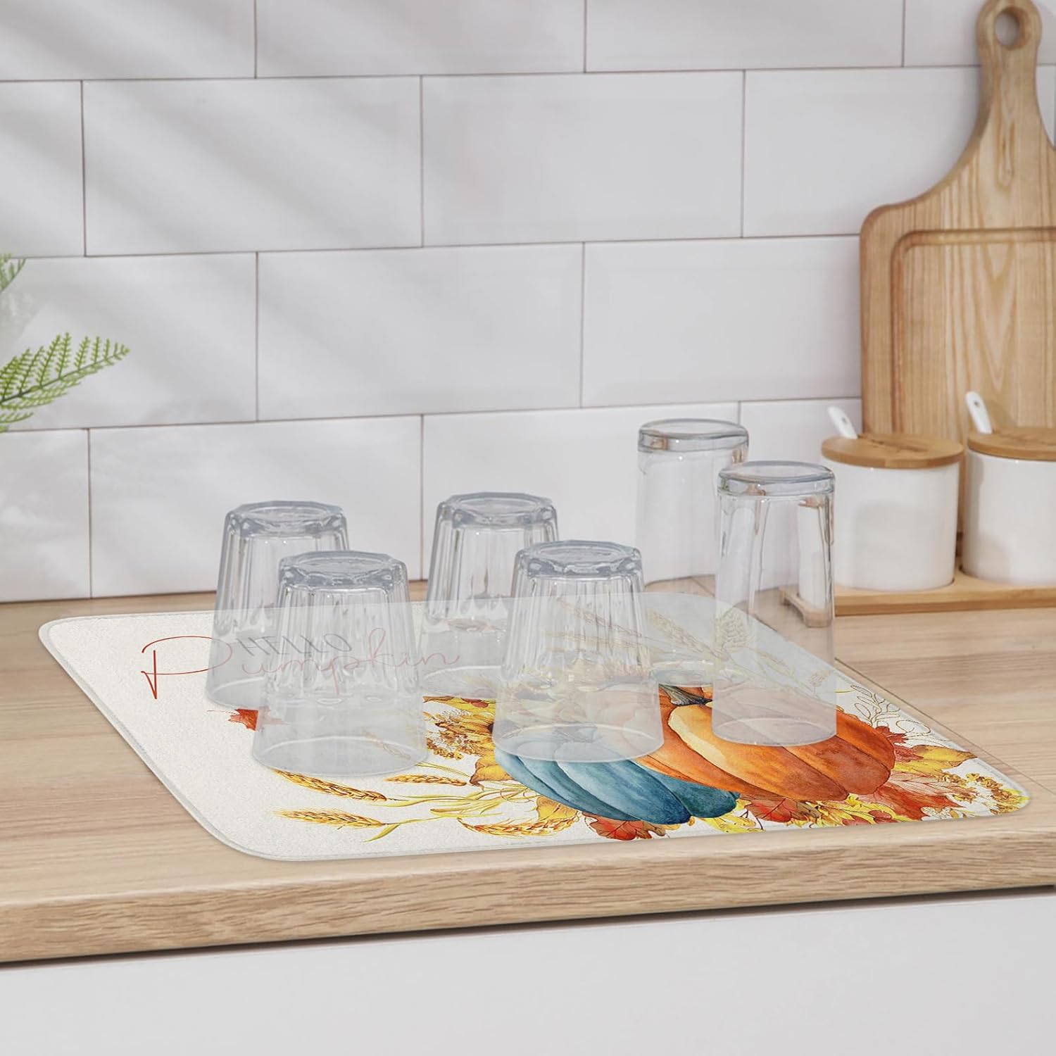 Fall Dish Drying Mat for Kitchen Counter Hello Pumpkin Drying Pad Absorbent Drying Mats for Countertops Sinks Draining Racks Sunflower Ears of Wheat Drainer Holiday Harvest Thanksgiving Decor 18x24