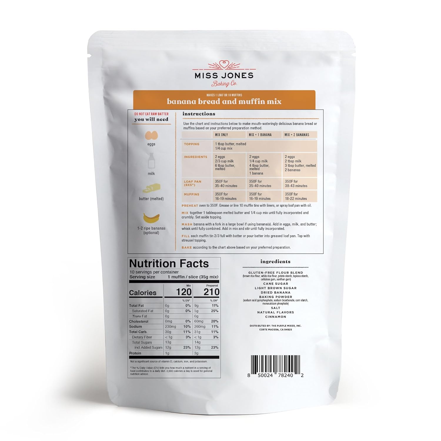 Miss Jones Baking Banana Bread & Muffin Mix - Whole Grains, 50% Lower Sugar, Real Banana, Vegan Banana Bread, Naturally Sweetened Desserts & Treats, 10.57 Ounce (Pack of 6)