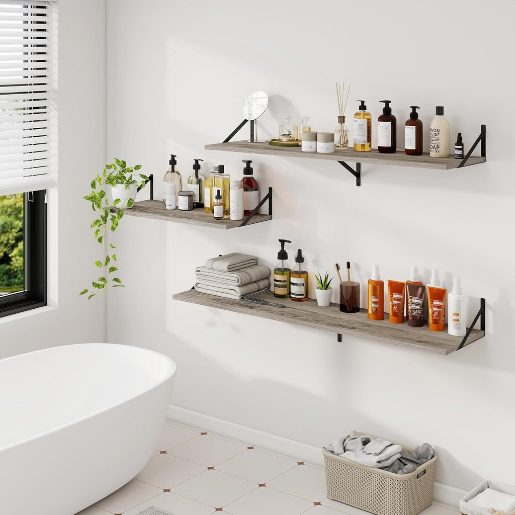 Dreamland Floating Shelves for Wall, 12 Inch Deep Floating Shelves Set of 2, 30W x 12D Large Wall Shelf with Sturdy Metal Brackets for Living Room, Bathroom, Bedroom and Kitchen, Grey