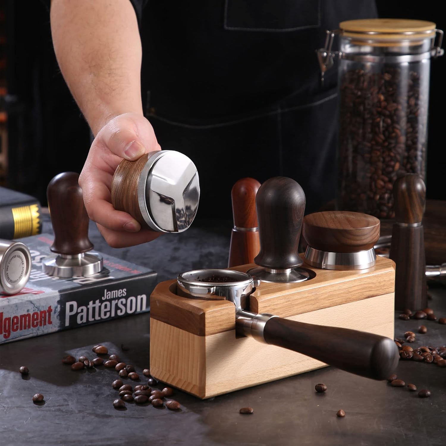53mm Coffee Distributor, Espresso Distribution Tool, Adjustable Depth Espresso Tamper Leveler with Walnut Wood Handle Fits for 54mm Breville Barista Portafilter
