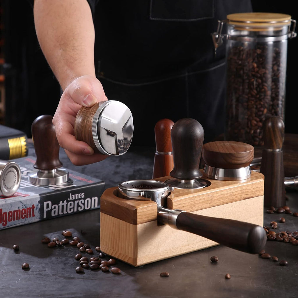 51mm Coffee Distributor, Espresso Distribution Tool, Adjustable Depth Espresso Tamper Leveler with Walnut Wood Handle Fits for 51mm Delonghi Barista Portafilter