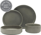 Gibson Elite Deerfield 16-Piece Stoneware Dinnerware Set – Soft Grey Reactive Glaze, Stackable Plates and Bowls, Service for 4 – Microwave & Dishwasher Safe