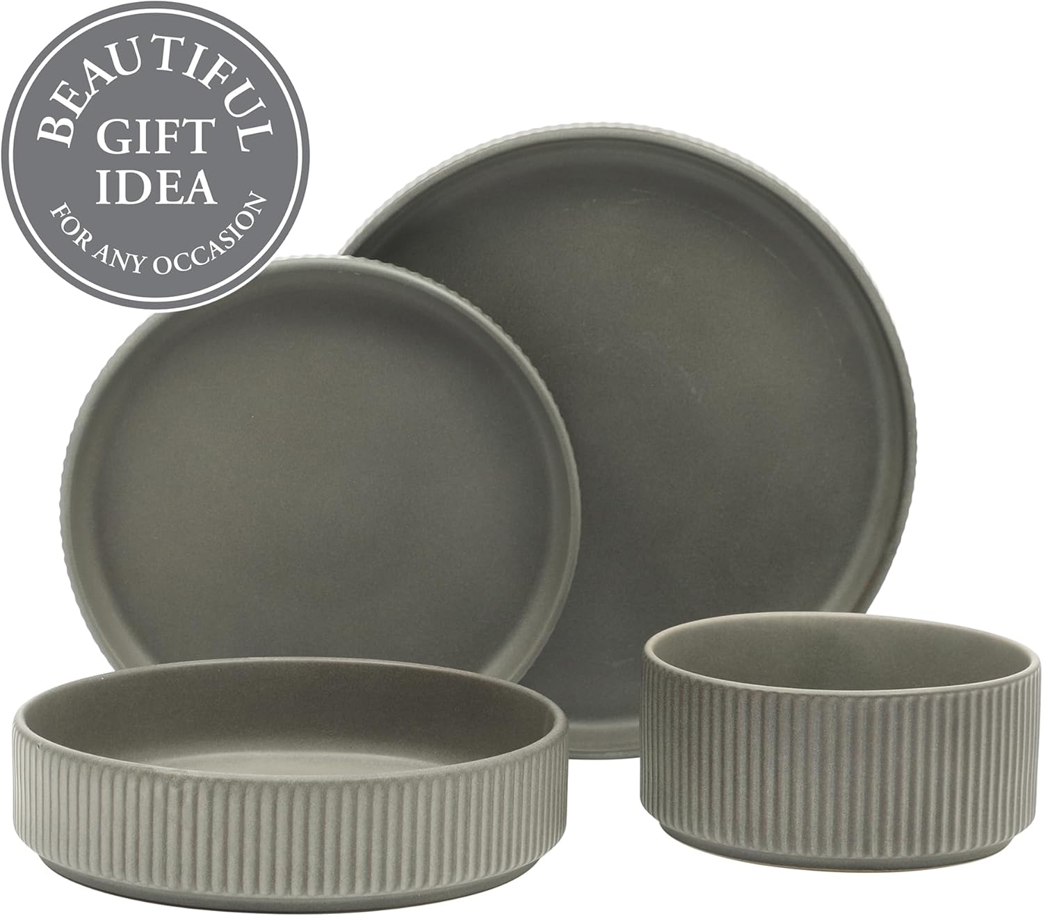 Gibson Elite Deerfield 16-Piece Stoneware Dinnerware Set – Soft Grey Reactive Glaze, Stackable Plates and Bowls, Service for 4 – Microwave & Dishwasher Safe
