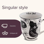 Karma Gifts 16 oz Black and White Boho Mug Cat - Cute Coffee and Tea Mug - Ceramic Coffee Mugs for Women and Men