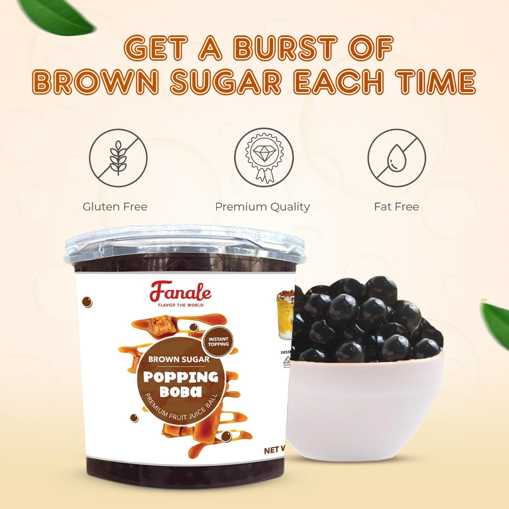 Fanale Brown Sugar Popping Boba Pearls, Vegan, Non GMO, Gluten Free, Fat Free, Perfect for Bubble Tea, Smoothies, Ice Cream, Desserts, and Beverages.