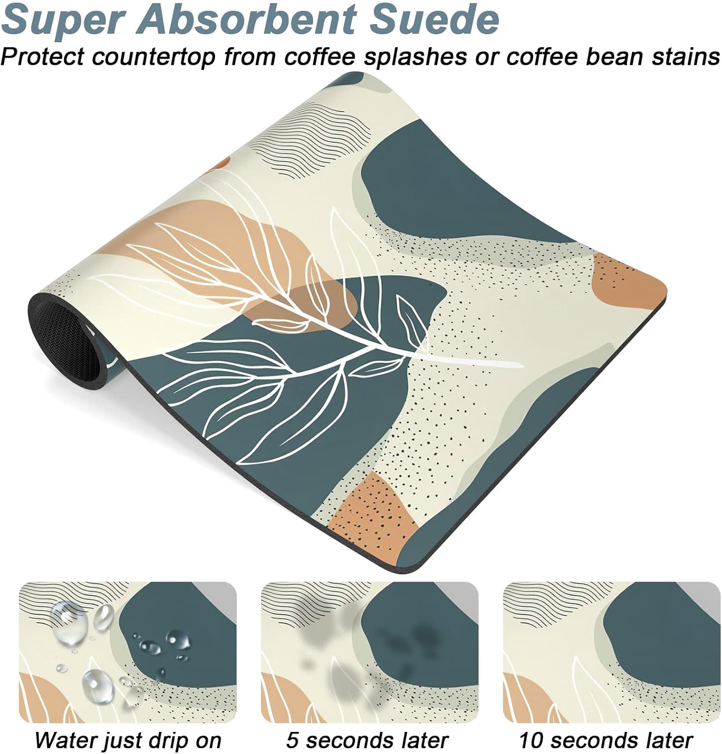 Rnivvi Coffee Mat, 16" x 24" Cute Boho Theme Coffee Bar Mats for Espresso Machine Station Accessories and Organizer, Hide Stain Rubber Backed Absorbent Dish Drying Pad for Kitchen Counter, Leaves