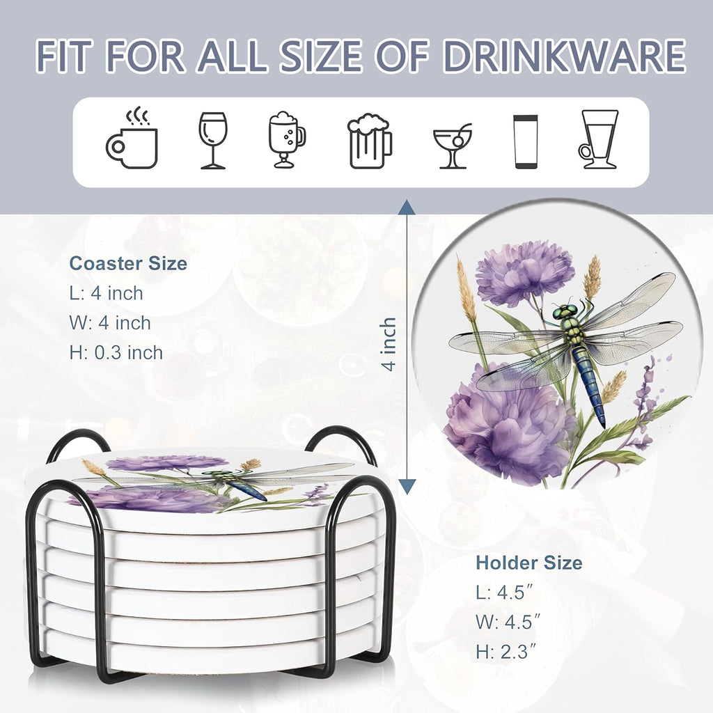 Coaster for Drinks Set of 6, Dragonfly Flower Absorbing Round Ceramic Stone Coaster with Cork Base,Tabletop Protection Mat for Mugs and Cups,Coffee Table Wine Glass Home Bar 4 Inch