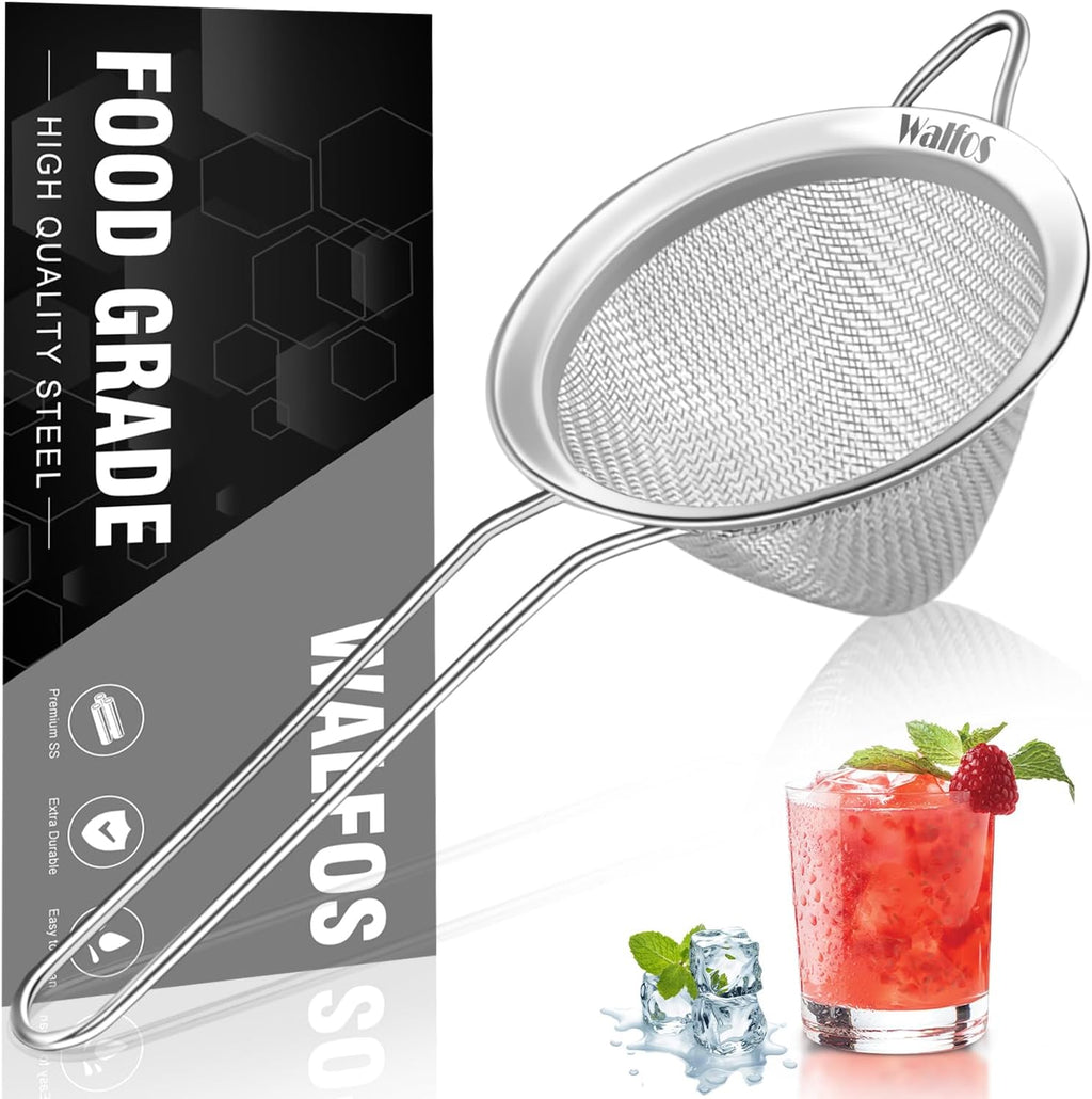 Walfos Small Fine Mesh Strainer for Cocktail & Tea, Mini Stainless Steel Sieve with Handle, 3.3 Inch Metal Strainers for Juicing, Coffee, Drinks, Tea Herbs