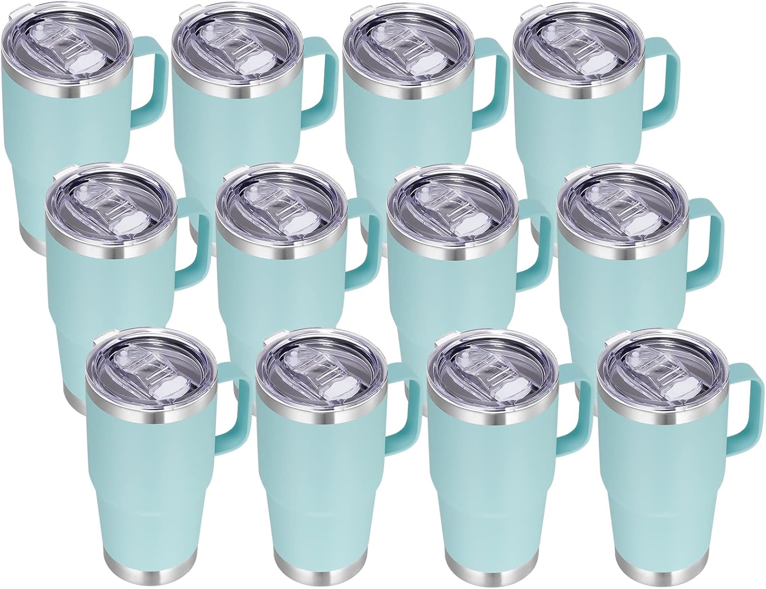 VEGOND 20 oz Tumbler Bulk with Handle Lid and Straw, Stainless Steel Insulated Travel Coffee Mug Set, Spill Proof Double Wall Metal Tumblers Cups, Mint Green 12 Pack