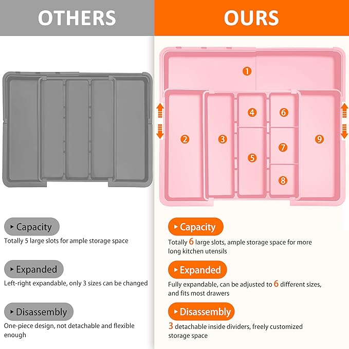 Large Utensil Drawer Organizer Expandable Silverware Organizer for Kitchen Drawer Adjustable Cooking Utensil Holder Cutlery Flatware Tray Spatula Tools Gadgets Storage Dividers Plastic Pink