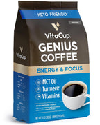 VitaCup Genius Ground Keto Coffee w/Turmeric, MCT Oil, B Vitamins, D3, Ground Coffee Medium Dark Roast, Bold & Smooth, 100% Arabica Coffee Grounds, 11 oz