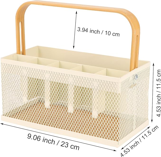 Utensil Caddy Metal Mesh Silverware Cutlery Organizer Basket with Bamboo Handle, Multi-Purpose Steel Wire Caddy 6 Compartment Flatware Basket for Kitchen, Countertop, Picnic, Restaurant, White