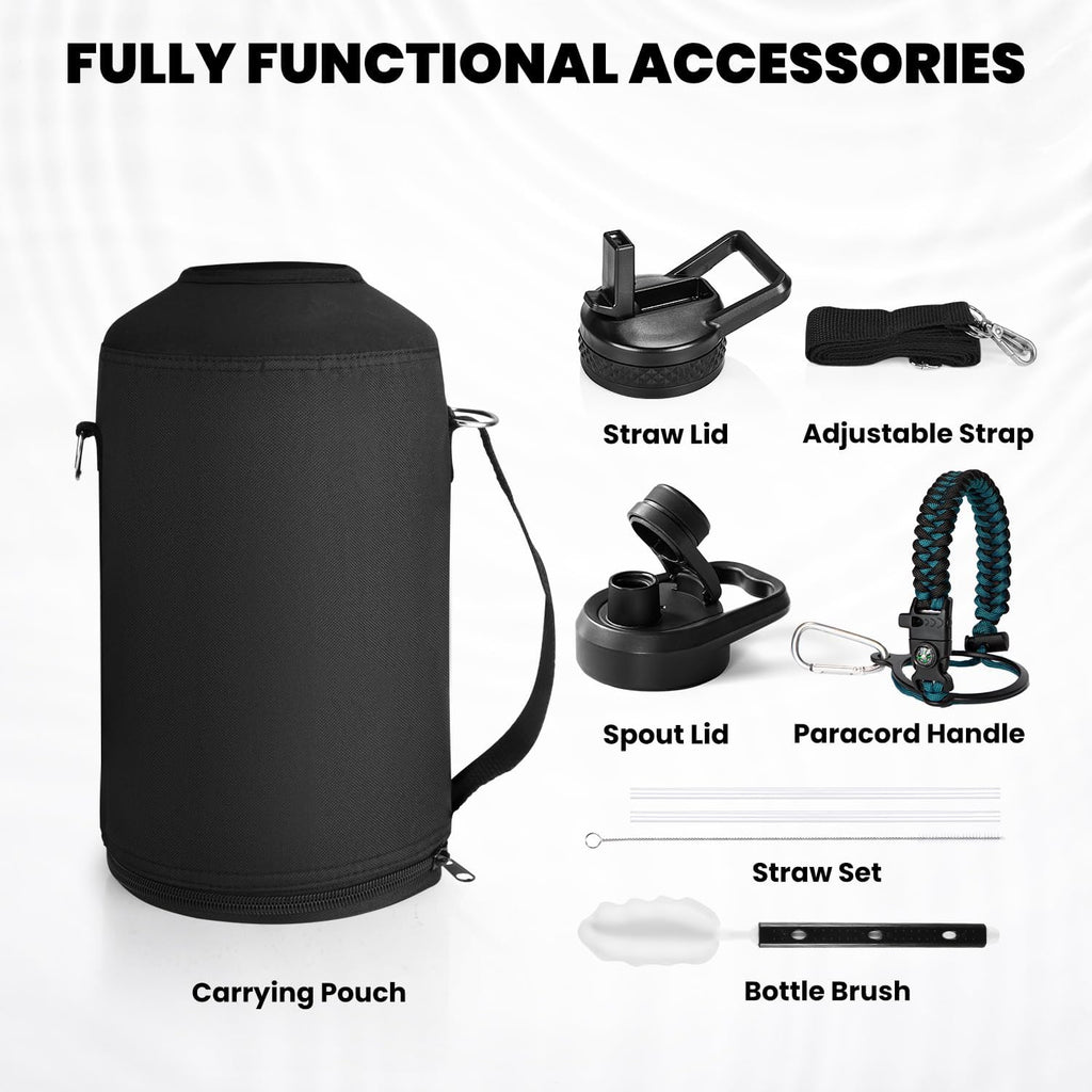 One Gallon Water Bottle Insulated, Triple Walled Vacuum Stainless Steel (Cold for 48 Hrs), Leak Proof & Non-BPA, Large Water Flask Jug with Paracord Handle & Straw Spout Lids