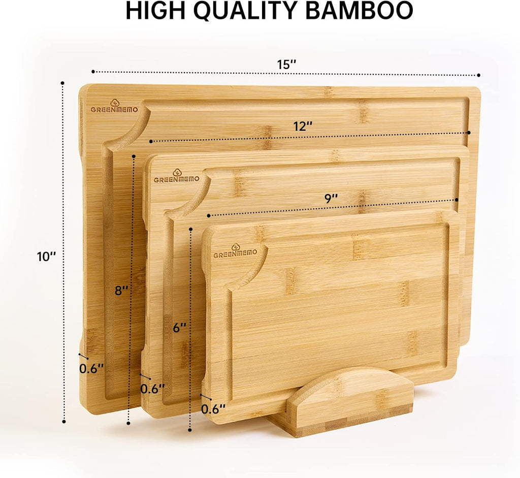 Bamboo Cutting Boards for Kitchen, Wood Cutting Board with Holder, Bamboo Cutting Board Set Reversible with Juice Grooves for Meat Cheese Fruit and Vegetables (Four Piece Set)