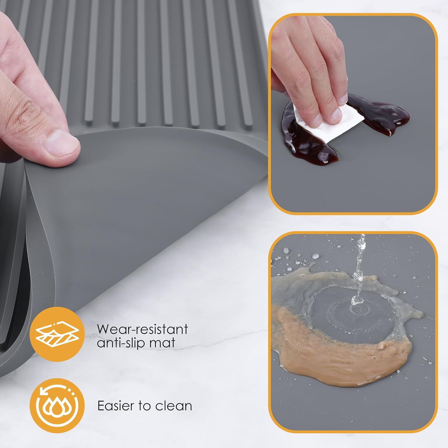 Silicone Coffee Mat with Raised Edges, 24'' x 16'' Bar Mat for Countertops, Fits Under Coffee Maker, Espresso Machine, Dish Drying Mat, Gray