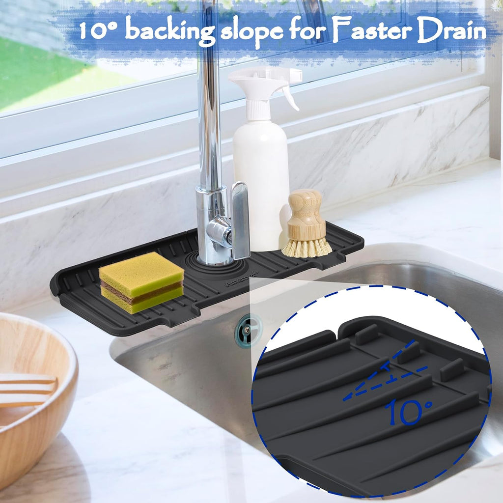 Kitchen Sink Splash Guard, 10° Large Slope & Adaptable Hole Faucet Mat for Kitchen Sink, Silicone Sink Organizer Sponge Holder for Kitchen, Bathroom, RV, Bar, 14.2” x 5.1”, Black