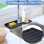 Kitchen Sink Splash Guard, 10° Large Slope & Adaptable Hole Faucet Mat for Kitchen Sink, Silicone Sink Organizer Sponge Holder for Kitchen, Bathroom, RV, Bar, 14.2” x 5.1”, Black
