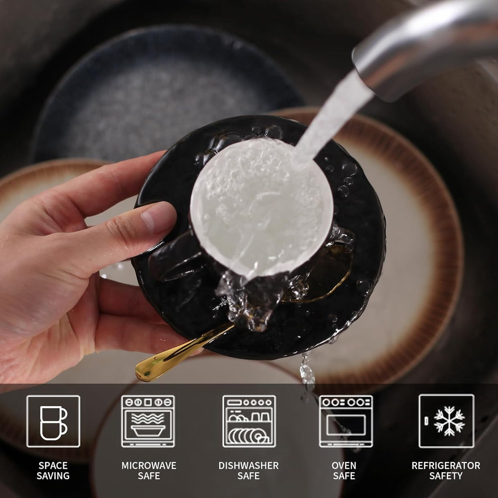 Lareina 3-Ounce Espresso Cups Set of 4, Small Stackable Coffee Cups with Saucers, Spoons and Metal Stand, Ceramic Demitasse Mugs, Espresso Accessories for Machine, Black