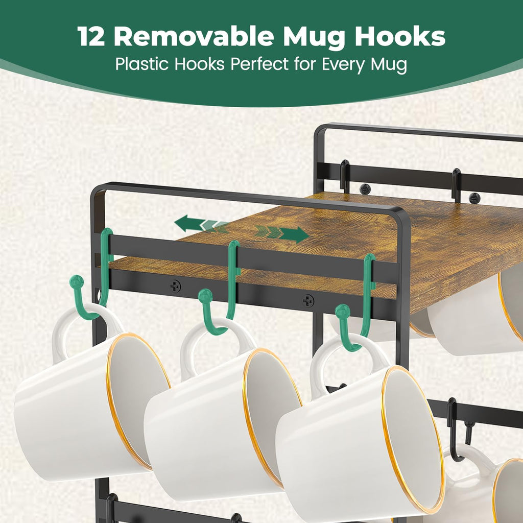 EsLuker.ly 2 Tier Coffee Mug Holder Station Bar Organize Countertop, Mug Cup Tree Rack for Kitchen Office, Storage Shelf with 12 Removable Hooks, Creat Stylish Coffee Corner