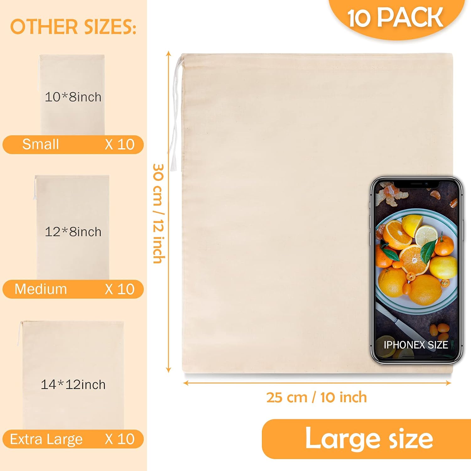 10 Pack Nut Milk Bag, 10‘’ x 12‘’ Fine Mesh Grade Reusable Cheesecloth Bags Strainers, Unbleached Organic Cotton Filter Bags for Almond Milk, Juices, ColdBrew, Cheese, Tea, Yogurt, Coffee