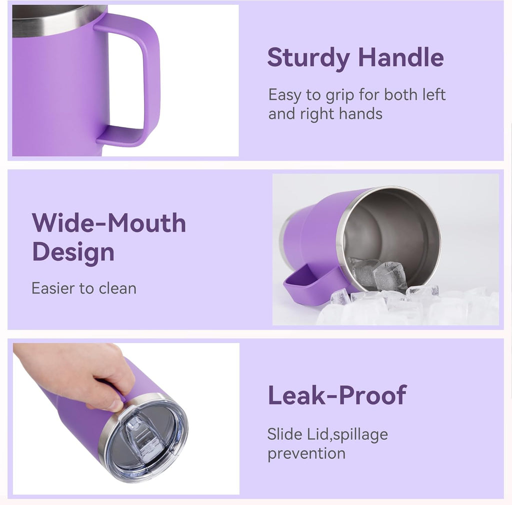 HASLE OUTFITTERS 20oz Tumbler with Lid, Stainless Steel Tumbler with Handle, Metal Insulated Travel Coffee Mug with Handle, Double Wall Vacuum Spill Proof Tumbler Cup, Purple 1 Pack